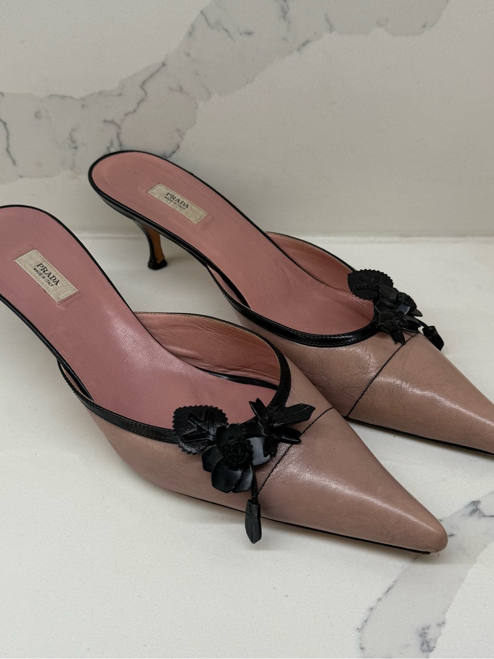 Prada Vintage Blush Pink Leather Pointed-Toe Mule with Black Floral Appliqué